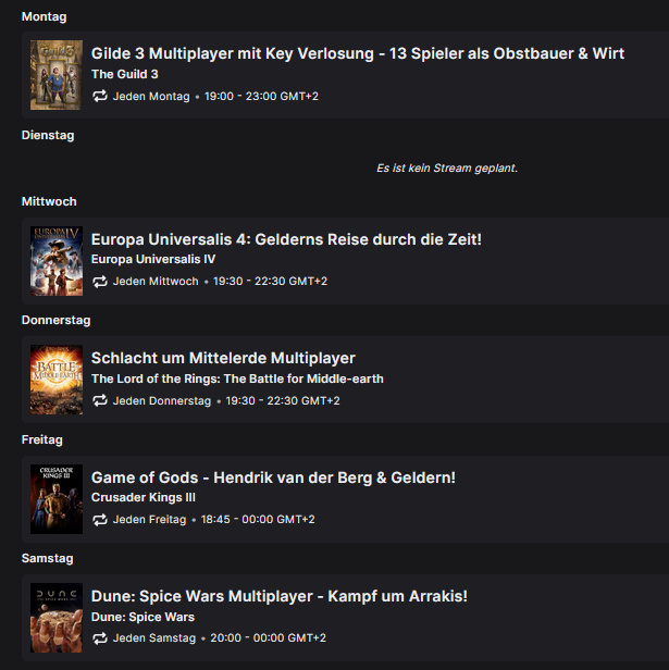 GaiusJCaesar_'s tweet photo. Streamplan:
Mo. #Gilde3 im Multiplayer mit Key Verlosung
Mi. #EuropaUniversalis4 mit Geldern
Do. #SchlachtumMittelerde #SuM #LOTR
Fr. #CrusaderKings3 MP RP Runde "Game of Gods" mit über 40 Spieler & Streamer
Sa. #DuneSpiceWars https://t.co/Je9GSx2PNp