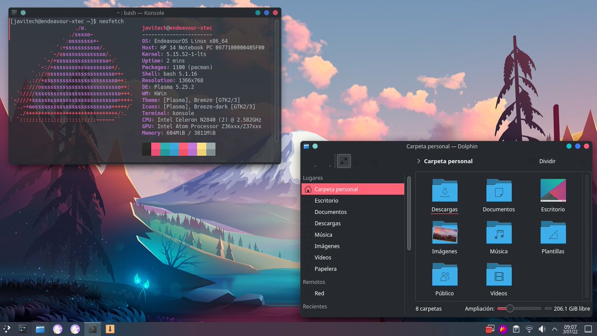 4Sentinell's tweet photo. Combinando en mi laptop de prueas #EndeavourOS #Artemis #MoeDark de mi amigo @joma666 de #SeduccionLinux en una intel celeron de 4gb de RAM que ya deberia estar en la basura, hoy es una gran opcion para trabajar. Es mas me la pienso llevar a la oficina como laptop principal https://t.co/enpgMAj4em