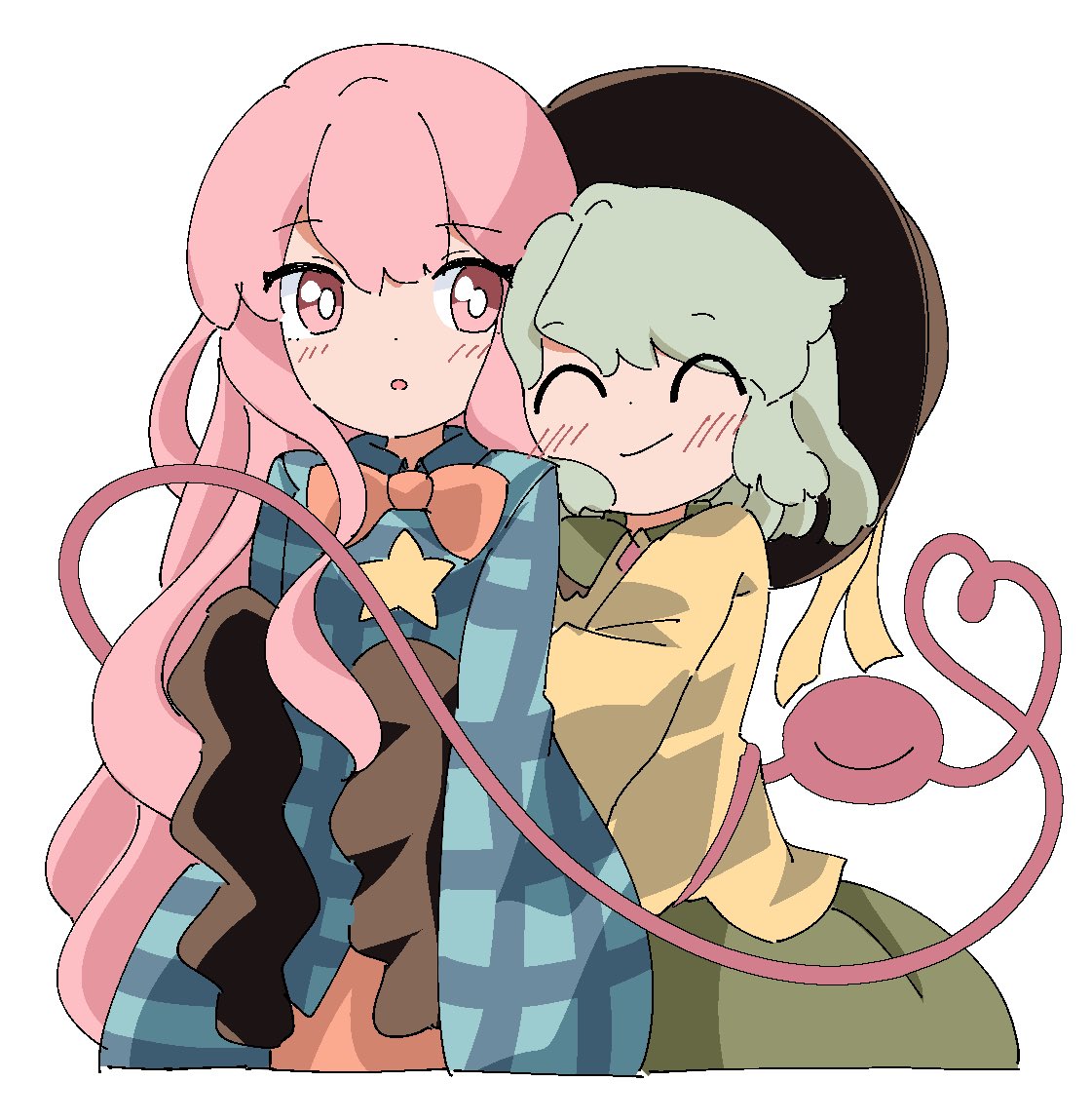 hata no kokoro ,komeiji koishi multiple girls 2girls shirt pink hair hat long hair white background  illustration images