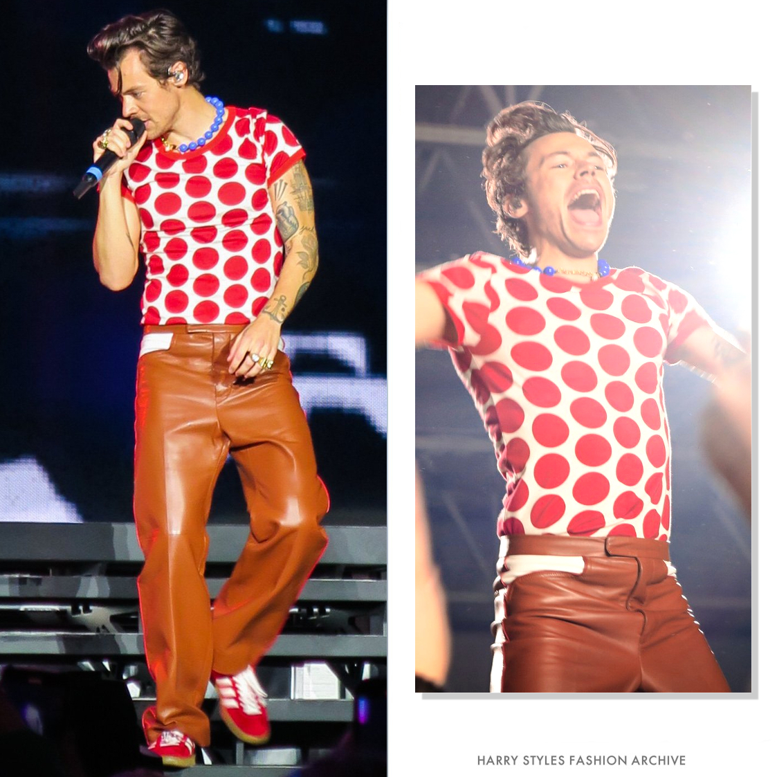 Harry Styles Fashion Archive on Twitter For HSLOTOslo Harry decided to  match the collective cowboy energy by wearing a custom pair of gucci brown leather  trousers paired with a customary redwhite polka