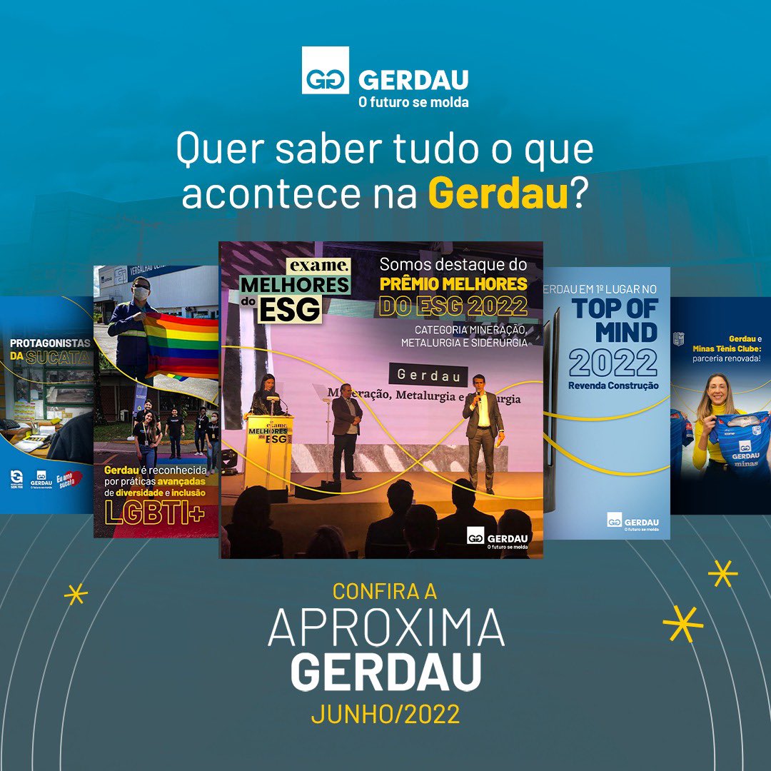 Metade do ano já foi e temos muitas novidades aqui! Vencemos o Prêmio Melhores do ESG 2022 da @exame, na categoria Mineração, Metalurgia e Siderurgia, fomos destaque pelas nossas práticas LGBTI+ …e muito mais! Confira: bit.ly/3yk9VH4 #AproximaGerdau #OFuturoSeMolda