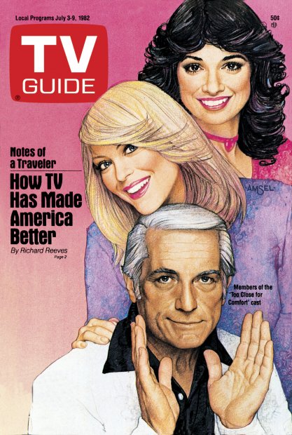SilverAgeTV's tweet image. 40 years ago today on July 3, 1982, #TedKnight, #LydiaCornell and #DeborahVanValkenburgh of the ABC sitcom #TooCloseForComfort were illustrated on the cover of #TVGuide.