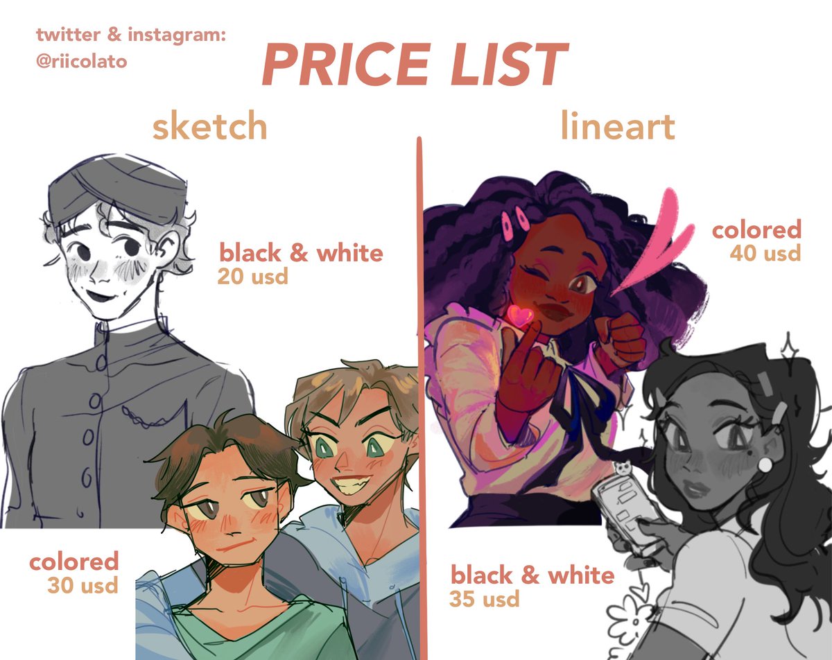 [OPEN COMMISSIONS]

Hi everyone!! Im currently opening my july batch comms, 5 slots open! RTs and shares are really appreciated, thanku guys! :-) <3

Please see my carrd for more info on my price list, terms of service, and to fill the comm form: riicolatos.carrd.co/#commissions