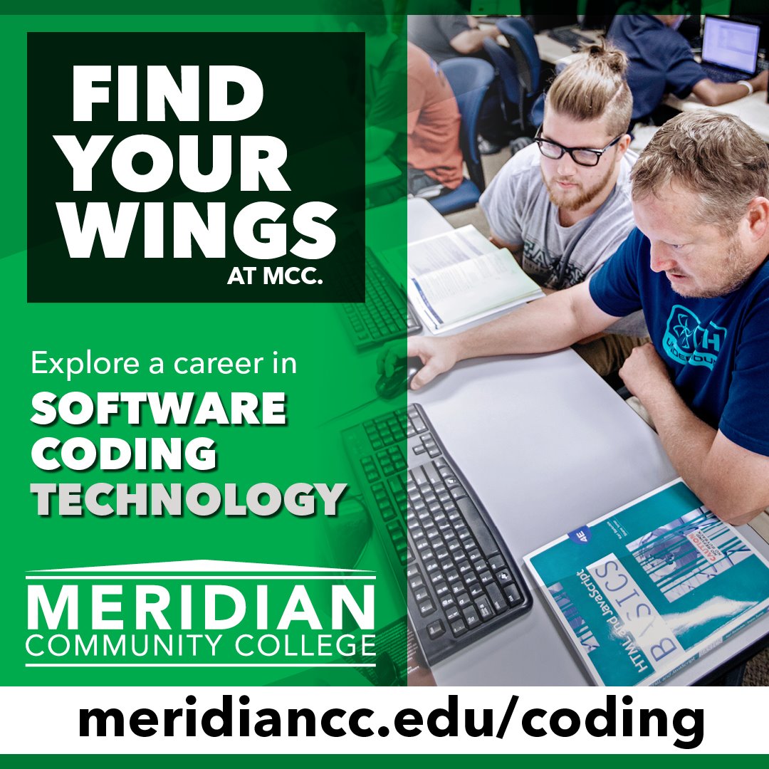 MCCEagles's tweet image. SOFTWARE CODING TECHNOLOGY. This program offers training in both traditional and web-based programming. Visit meridiancc.edu/coding to learn more about this program. Classes begin on August 15.
#SoftwareCoding #Programming #FindYourWings