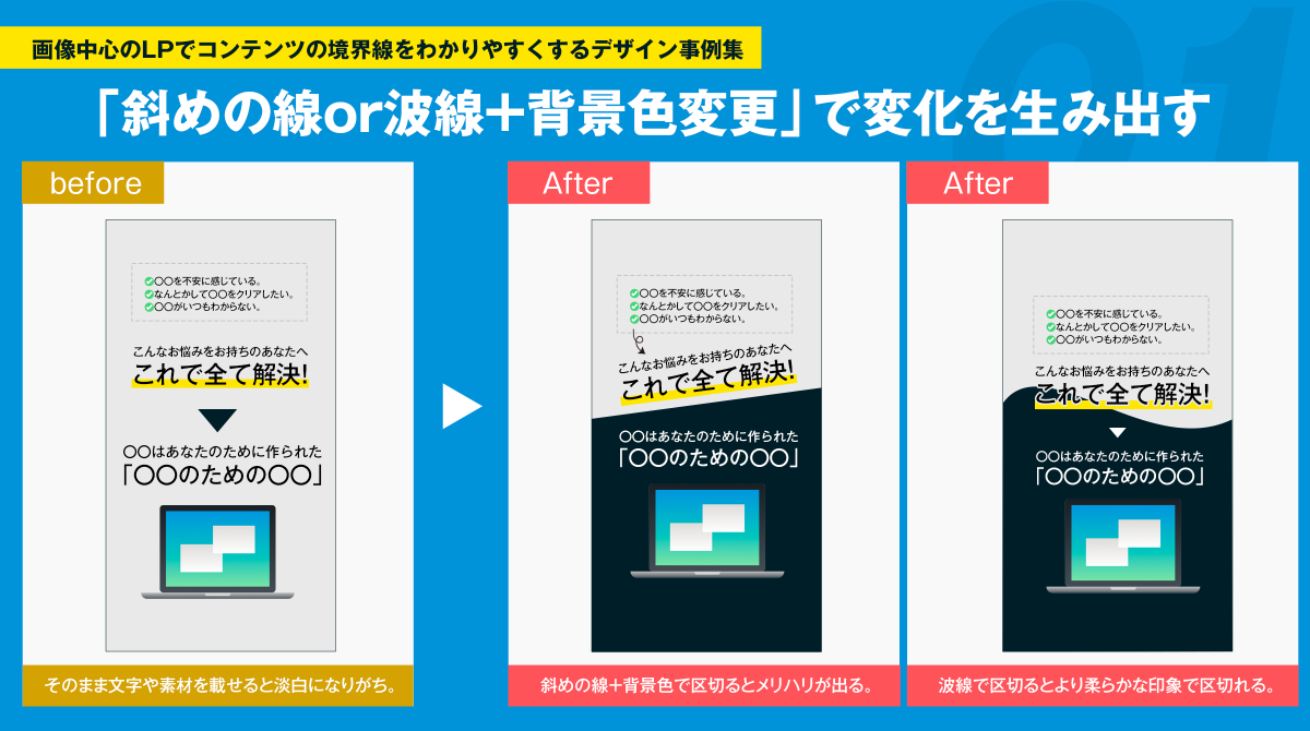 kataokadesign's tweet photo. 画像中心のLPデザインでコンテンツの境界線を簡単に区切るためのテクニック事例 https://t.co/6J2vuX1f4J