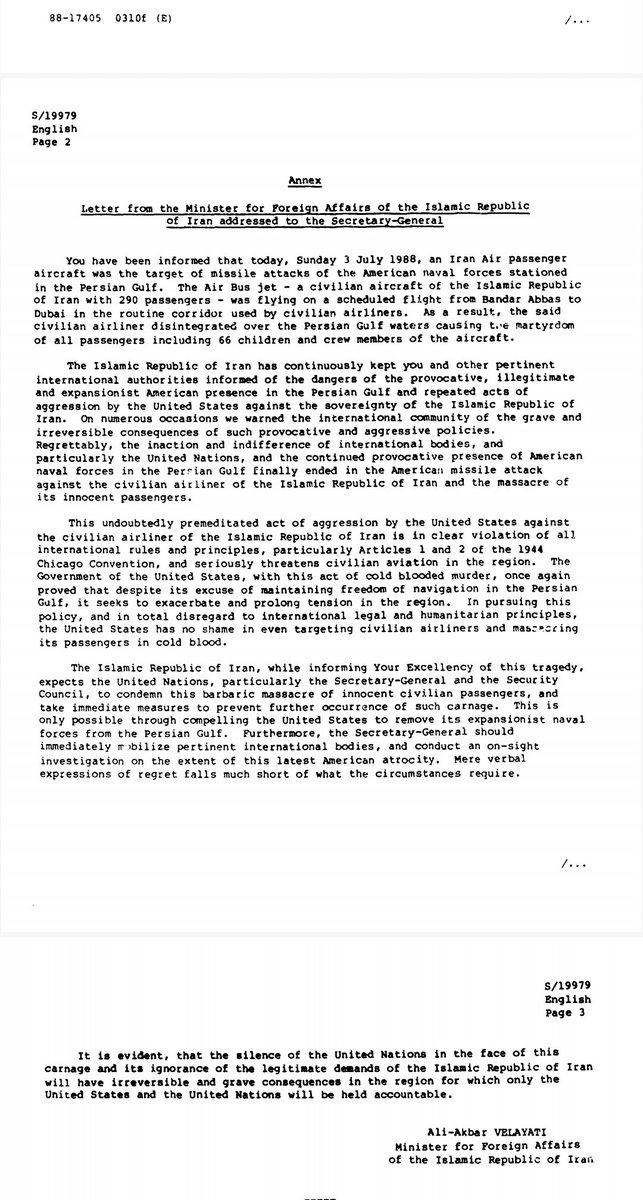 Iran_UN's tweet photo. On this day 34 years ago, Iran Air Flight IR655 was shot down by the U.S. Navy missile cruiser USS Vincennes, murdering all 290 passengers including 66 children. 

#USHumanRights
#AmericanHumanRightsWeek https://t.co/qrXnX86pyx