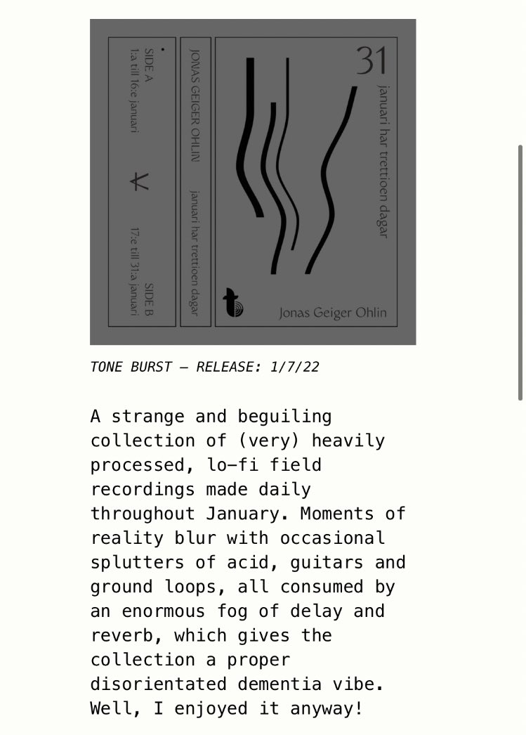 Jonas Geiger Ohlin (@thenewemphatic) on Twitter photo These are the words from Luke Sanger about my release on Tone Burst this Friday.
This review and many other can be found on the great <a href="/FlatlandFreq/">Flatland Frequencies</a> website.
If you fancy a copy there’s one cassette left for the US market over at:
greentoneusa.bandcamp.com/merch/jonas-ge… These are the words from Luke Sanger about my release on Tone Burst this Friday.
This review and many other can be found on the great <a href="/FlatlandFreq/">Flatland Frequencies</a> website.
If you fancy a copy there’s one cassette left for the US market over at:
greentoneusa.bandcamp.com/merch/jonas-ge…