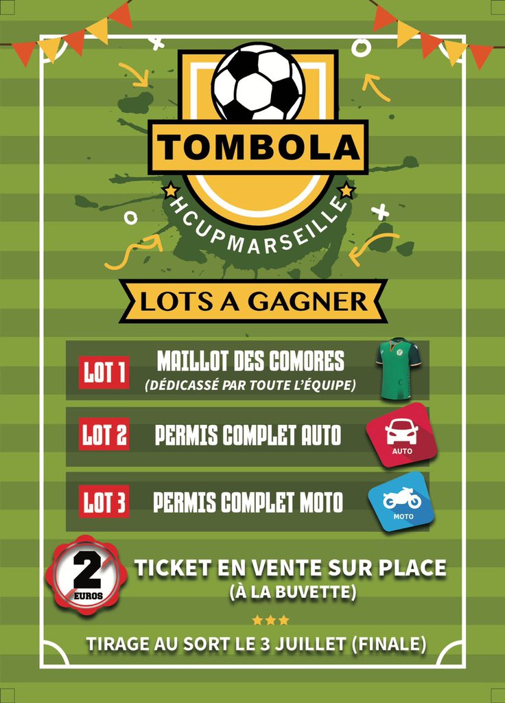 La tombola n’est pas terminée. Vous avez jusqu’au dernier coup de sifflet final pour acheter un ou plusieurs tickets d’une valeur de 2€.

Un ticket, un lot. Au menu : un maillot des Comores dédicacés par tous les joueurs, un permis auto et un permis moto complet. Régalez  vous !