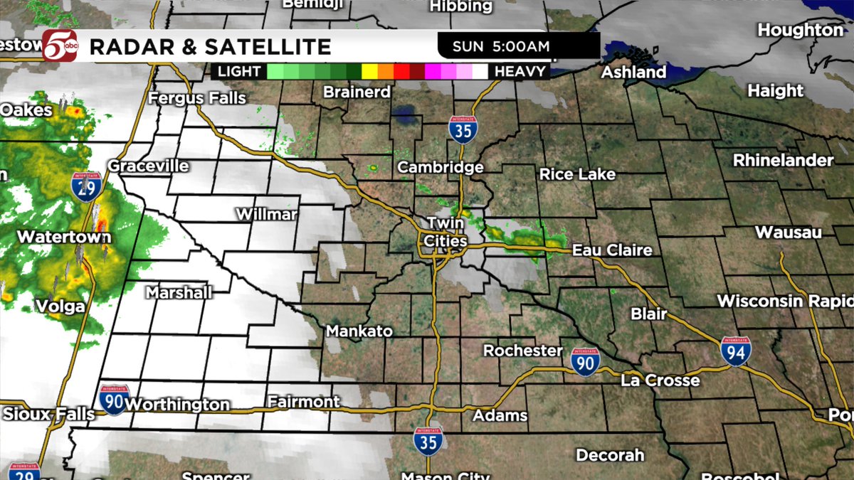Downpours are moving out of the metro early Sunday morning, and more storms are entering western Minnesota.

Best chances for rain/storms will be this morning, mainly north and west of the Twin Cities.

As always, track the rain on the live radar: https://t.co/fOthuOAkpc https://t.co/ooziamGUiy