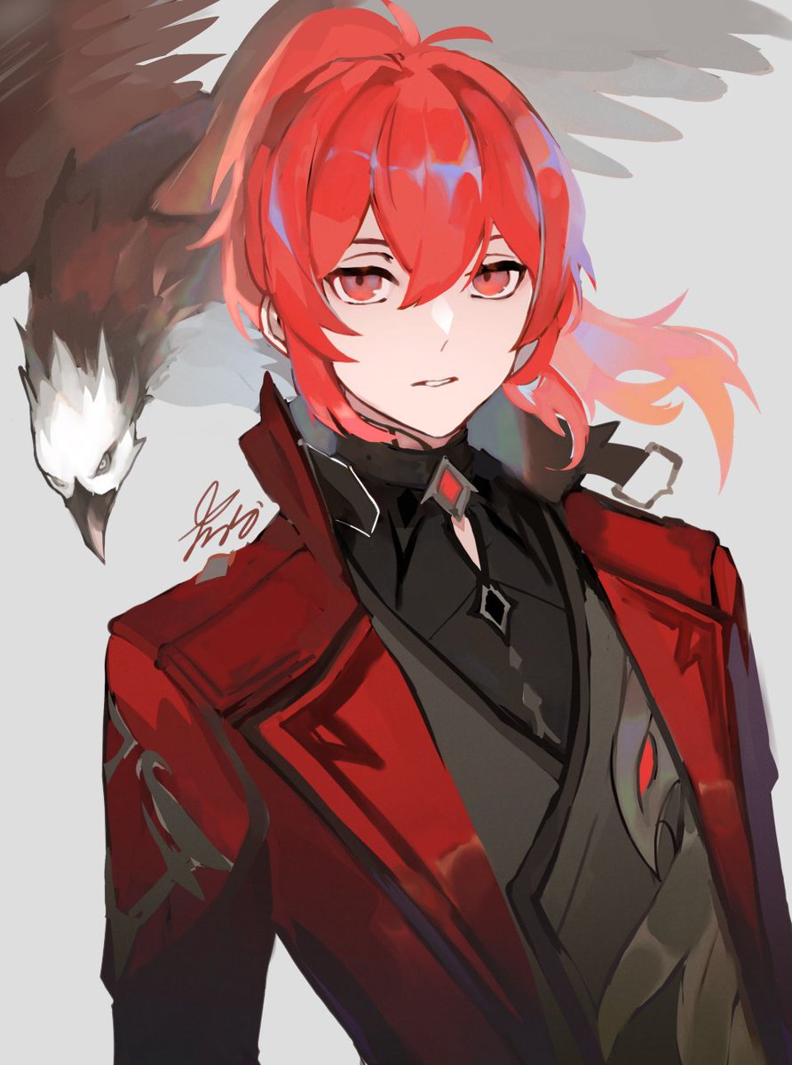 diluc (genshin impact) 1boy red hair male focus red eyes bird ponytail simple background  illustration images