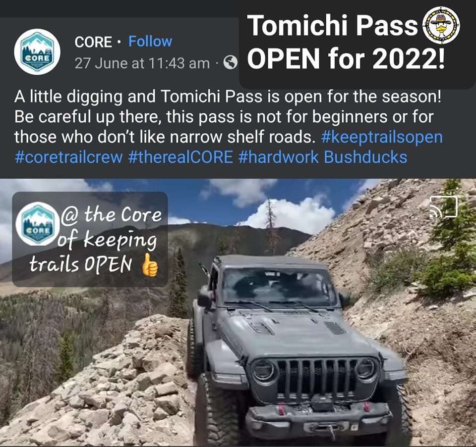 Bushducks's tweet image. CO PASS Update: Tomichi Pass OPEN 2022! 🤩 Courtesy of CORE  heavy diggers! 😉 Tomichi Video: tinyurl.com/3vbsm3vp Join the CORE force @  keeptrailsopen.com  More trails open @ bushducks.com/tripreps/passo…