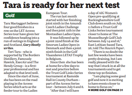 G_HMedia's tweet photo. Golfer @MactaggartTara  believes four recent good finishes in a row on the @LETAccess tour have given her confidence heading into a run of outings in England and Scotland in the coming weeks - more in the most recent @TheHawickPaper https://t.co/dgOAYAe4rB