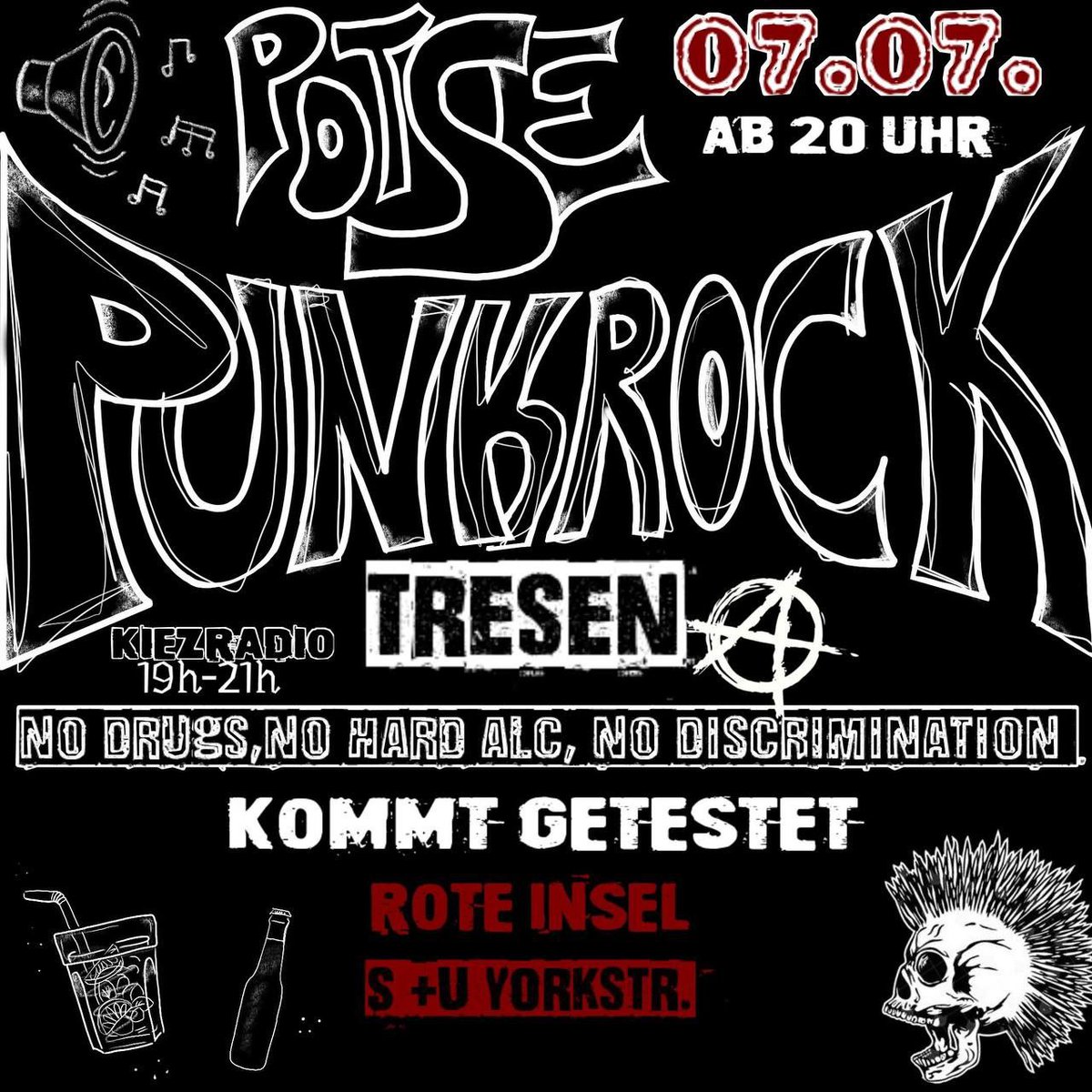 Es ist soweit! Unser nächster #Punkrock-Tresen steht an. Nächsten Donnerstag, der 07.07., ab 20 Uhr in der Roten Insel in #Schöneberg. 
Von 19-21 Uhr ist auch wieder #Kiezradio.
Wie immer, kommt bitte nachweislich getestet oder wir können euch nicht reinlassen.