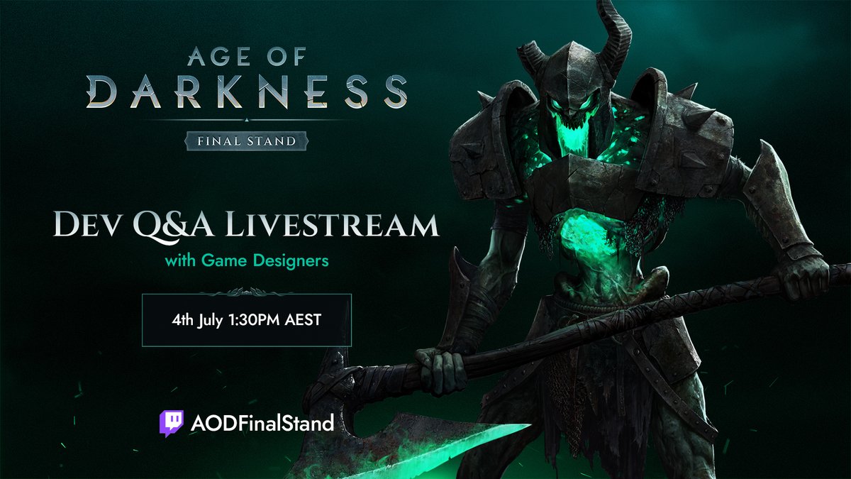 AOD_FinalStand's tweet photo. Protectors of the Light 🔥

Join AoD Game Designers Nick and Mario for a Q&amp;A session as they play Age of Darkness on our Twitch channel 

⌚ Mon, July 4 at 1:30pm AEST (Sun, July 3 8:30pm PDT)
🔗 https://t.co/7DI6YQQh9o https://t.co/I8vYD4WaM1