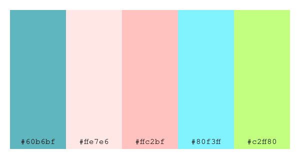 ColPaletteBot's tweet photo. Beep beep, here's a pretty color palette for you!
color-scheme.js parameters used:
- hue: 3
- variation: light
- colors: #60b6bf, #ffe7e6, #ffc2bf, #80f3ff, #c2ff80
Have a lovely day!
#twitterbot #colorpalette #colors #palette #prettycolors https://t.co/kSFFasKMGp