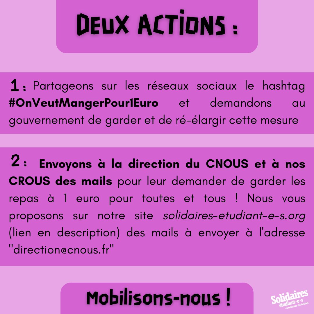 📢 Le 5 juillet, le CNOUS va se réunir pour décider de la reconduction (ou non) des repas à 1euro pour les étudiant-es boursier-es. 

👉Partageons le #OnVeutMangerPour1Euro
👉Interpellons les directeur-ice-s de nos CROUS par mail via ce lien forms.gle/W89W1UidQUBRV2…