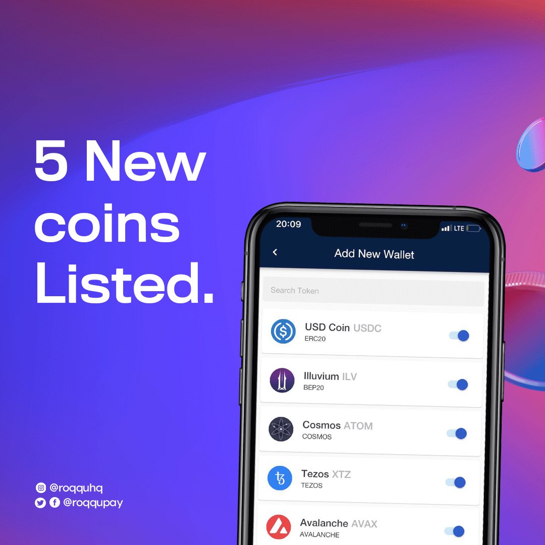 roqqupay's tweet photo. #USDC #AVAX #xtz ® #ATOM #ILV now listed on @roqqupay 🚀 

You can now add these 5 newly listed coins to your Roqqu wallet by clicking on “Add new wallet” on your App.
#roqqudeyforyou #thinkcryptothinkroqqu #coinlisting https://t.co/fpzP9BfDQK
