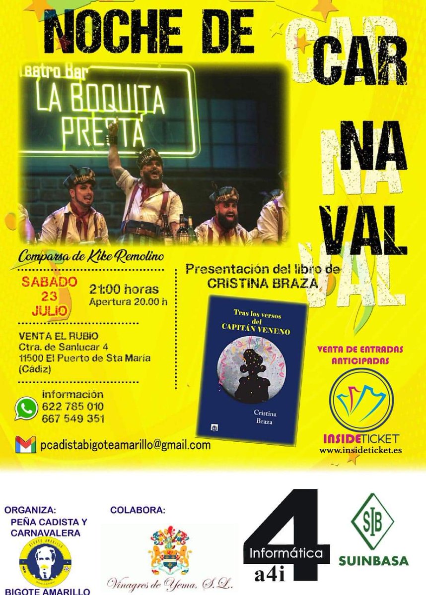 Nueva presentación de Tras los versos del Capitán Veneno 📖🎭.
Esta vez será de noche el día 23 de este mes en la venta El Rubio en El Puerto de Santa María, junto con la actuación de la comparsa de <a href="/LaComparsaKikeR/">La Comparsa del Remolino</a> , La boquita prestá. 🥳
¡Os esperamos! ♥️