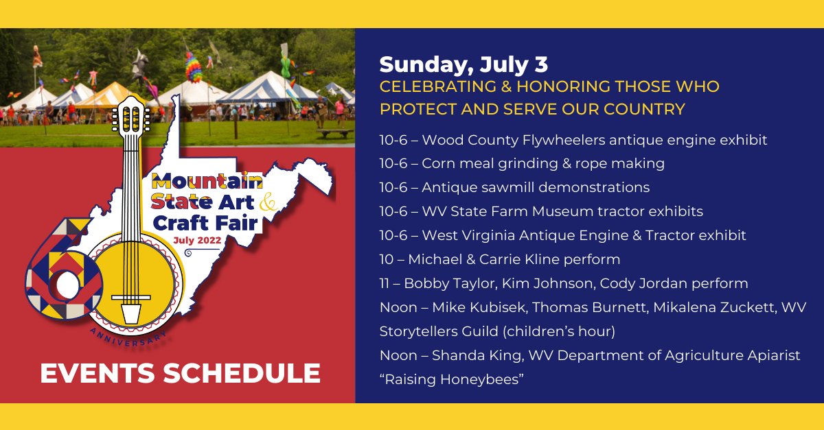WVMSACF's tweet photo. 🎨 It's DAY THREE of the 60th Mountain State Art &amp; Craft Fair and we're Celebrating and Honoring Those Who Protect and Serve our Country 🇺🇸

⏰ 10am - 6pm
📍Cedar Lakes Conference Center, Ripley, WV

🍔 Don't miss out on amazing art, toe-tapping music, and tasty food!

#msacf https://t.co/9dBQIGmWCb