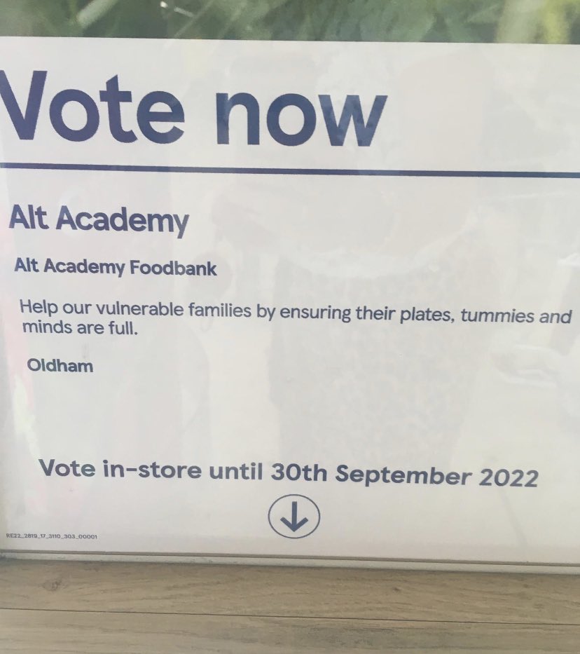 If you are in Tesco over the summer, please put your little blue tokens in the <a href="/Alt_HT/">Alt Academy</a> pot. If we win, we will develop our food bank provision to offer a more permanent home for the community to access food when they need it most 🥕🥦🍎🍞🥯
Chadderton, Huddersfield Rd, Ashton Rd