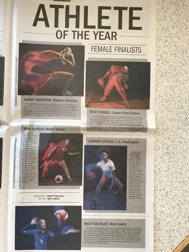 jtlinder's tweet photo. Female #GazetteAOY2022 finalists: 

Maia Bentley, Mount Vernon
Audrey Biermann, Western Dubuque
Macy Daufeldt, West Liberty
Ryley Goebel, Center Point-Urbana
Hannah Stuelke, Cedar Rapids Washington https://t.co/HXdrEfoFic