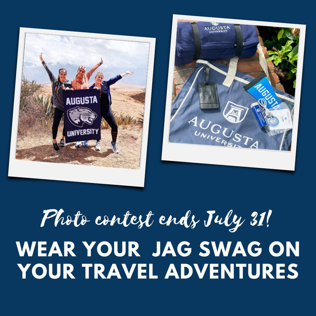 AugCSM's tweet image. Through 07/31, share a photo of you and your #JagSwag on your travels for a chance to win the swag pictured! 

1. Tag @AUG_University and use #JagsontheProwl in your post. 
2. Make sure to follow them! 

Winner will be announced 08/01.
(Contest is also running on Instagram).