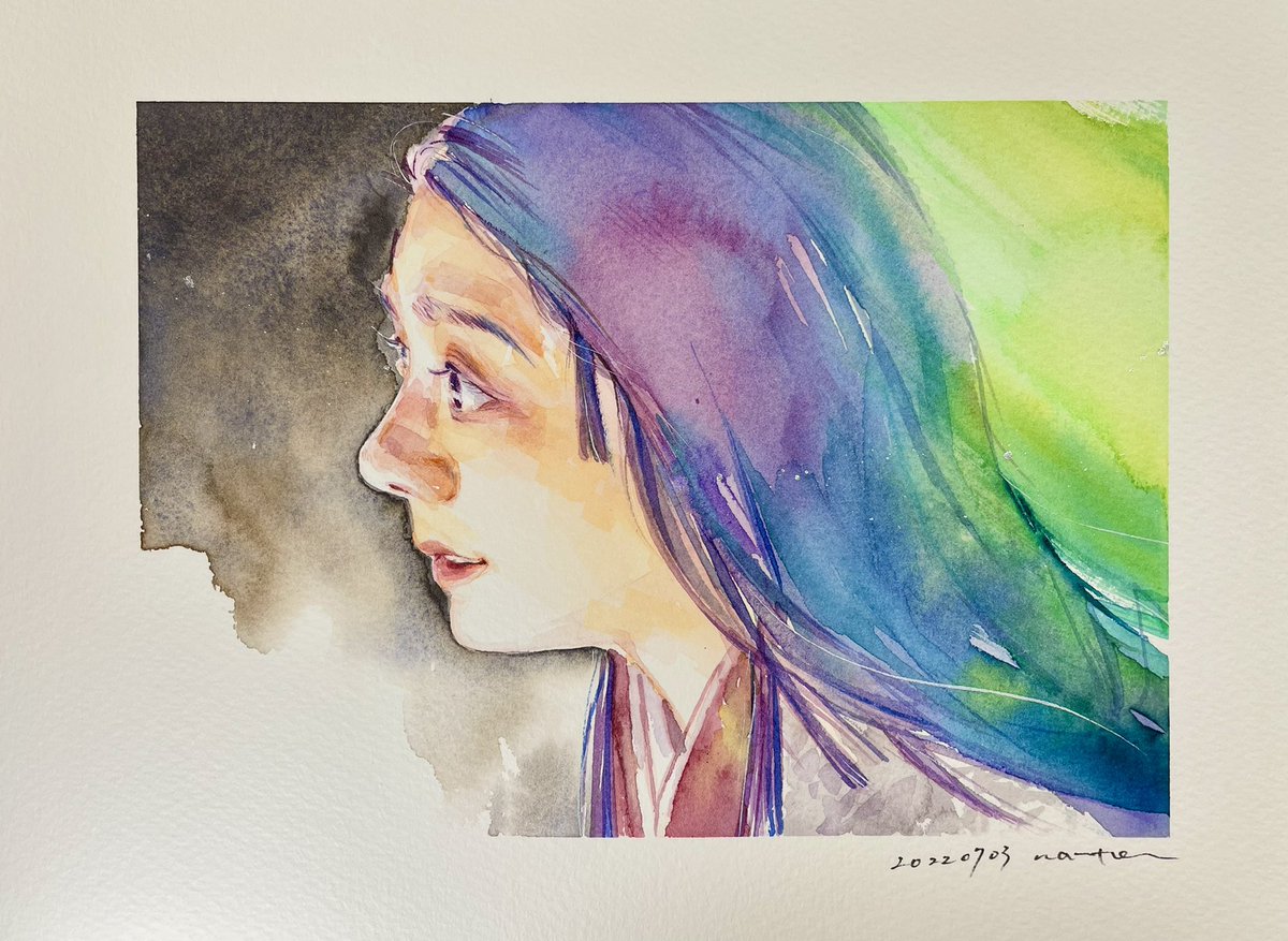 solo 1girl long hair traditional media painting (medium) watercolor (medium) profile  illustration images
