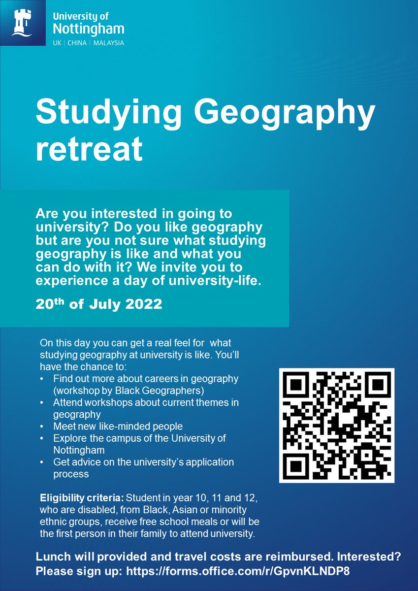 📢 Calling grade 10, 11 &amp; 12 students! Curious about studying Geography at Uni? We invite u 2 experience a day of Uni life at <a href="/UoNGeography/">Nottingham Geography</a> on July 20! Travel support provided. Open to students from under-represented backgrounds. Details &amp; application 👉 forms.office.com/r/GpvnKLNDP8
