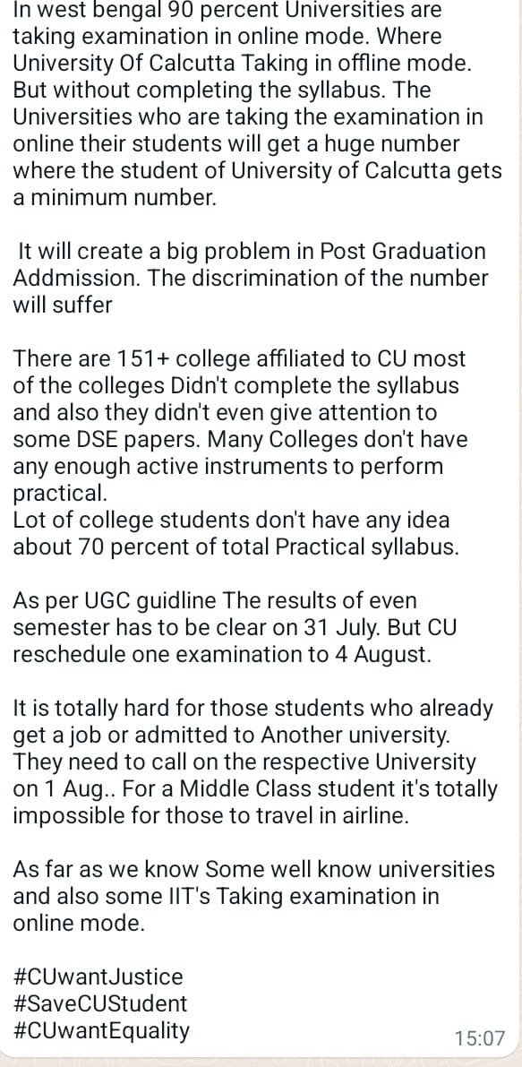 90% of uni of #WB are conducting online exams giving students 9.8, 9.9 SGPA,where cu students,due to incompletion of syllabus,will hardly get 4.5-5.0 SGPA,PG entrance is also closed.Where will they go for higher education?
#CUwantsJustice <a href="/RBanglaOfficial/">R Bangla</a> <a href="/ABPNews/">ABP News</a> <a href="/News18Bengali/">News18 Bangla</a>