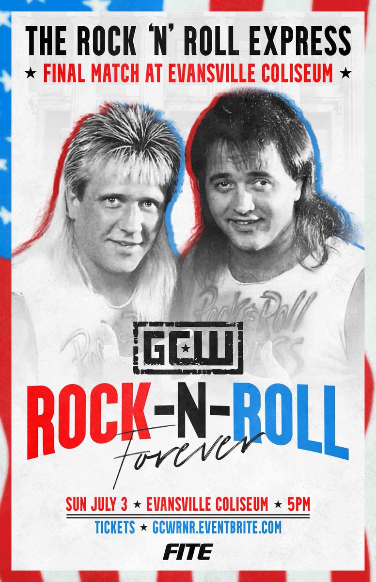 🤘🏟️The famed Evansville Coliseum will host the 𝘍𝘐𝘕𝘈𝘓 match of the ROCK N ROLL EXPRESS. TONIGHT! It's the third leg of the @GCWrestling_ Summer Road Trip with #GCWRnR EXCLUSIVELY on #FITE. Get the discount bundle and witness history 🌎 bit.ly/3I8Qcyu