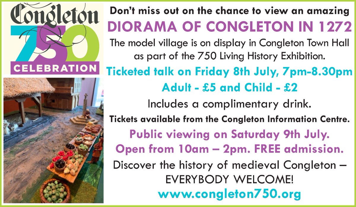 CongletonTown's tweet photo. Take a journey through Congleton in 1272. Visit the living history exhibition to discover what local life would have been like in medieval times. FREE public viewing on Sat 9 July or a ticketed event with viewing and talks on Fri 8 July. https://t.co/tkIkq002Bu
#congleton750 https://t.co/FBjnLOfmQp