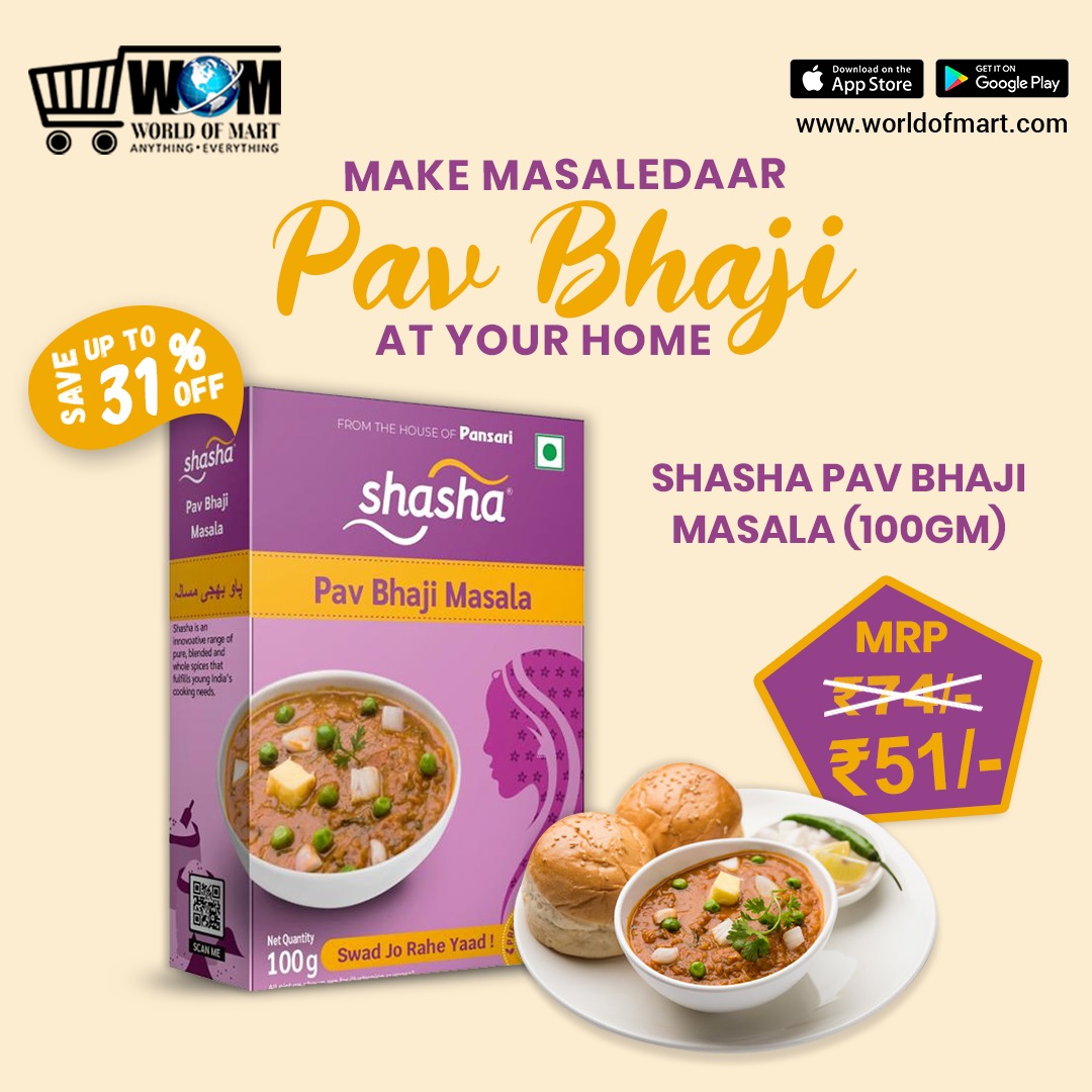 Make yummy and delicious Pav Bhaji at home with Shasha Pav Bhaji Masala! Shop for this product at only 51 INR on World of Mart.

#pansari #worldofmart #wom #pavbhaji #pavbhajilove #pavbhajilovers #spices #indianspice #groceries #groceryshopping