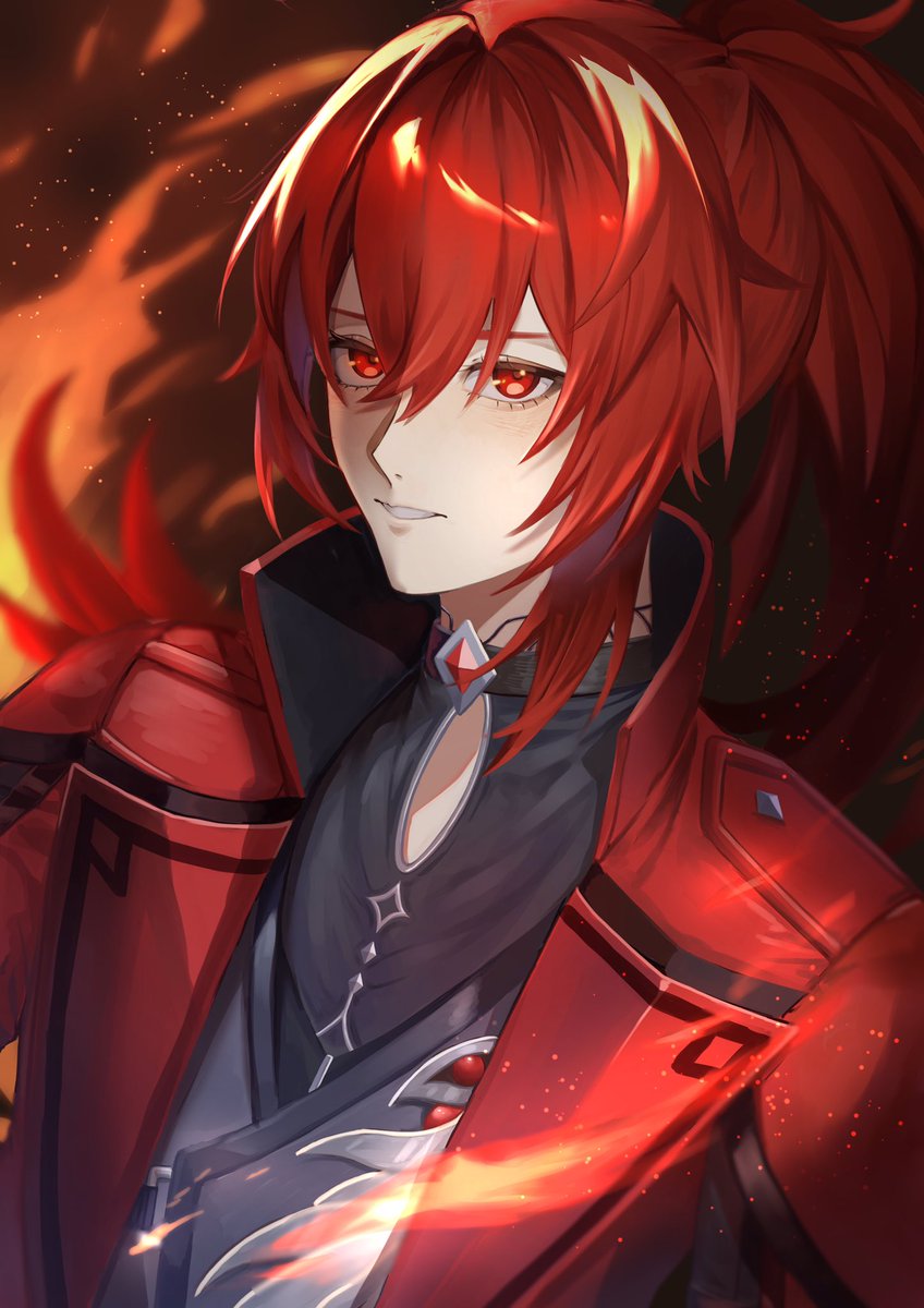 diluc (genshin impact) 1boy red eyes male focus red hair solo ponytail long hair  illustration images
