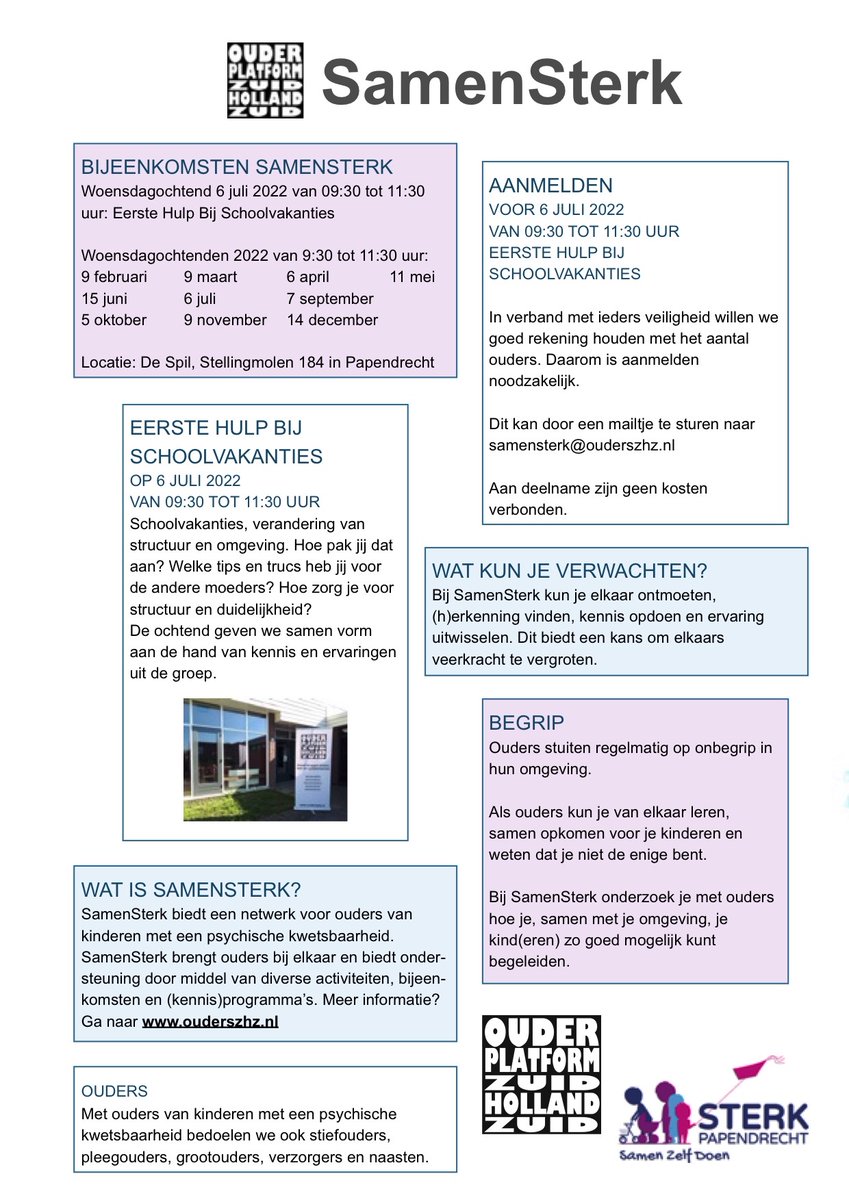 ❤SamenSterk op woensdagmorgen 6 juli 2022 van 09:30 tot 11:30 uur in De Spil in #Papendrecht❣ 

Eerste Hulp Bij Schoolvakanties