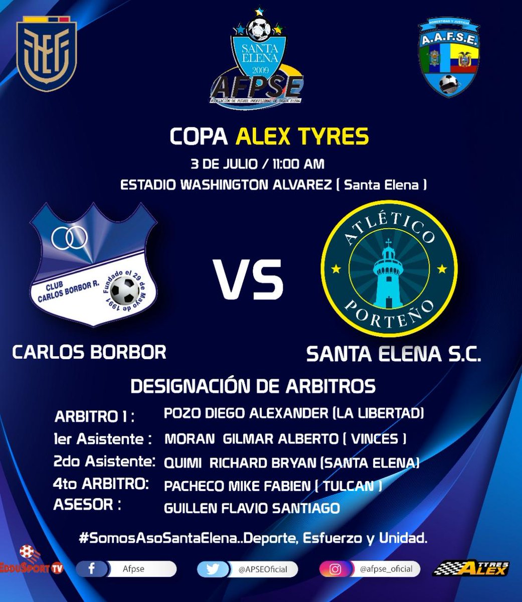 - Aperturamos la Jornada Dominical con un gran duelo..!!
- Estadio Washington Álvarez, Ancón / 7ma. Fecha - Grupo #1

- #SomosAsoSantaElena... Deporte, Esfuerzo y Unidad