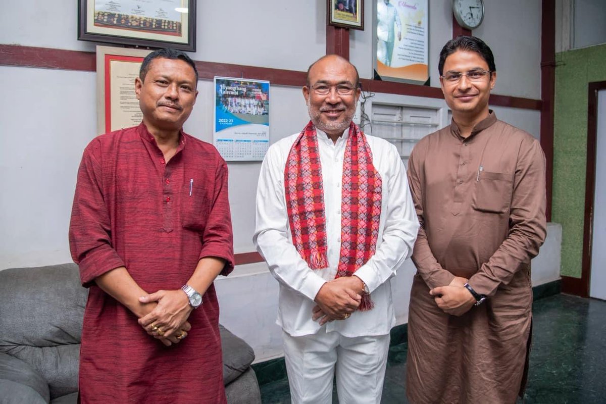 NBirenSingh's tweet photo. I was called on by Shri @RajuBistaBJP Ji, National General Secretary of BJYM at my secretariat today. He has been actively monitoring the landslide situation in Manipur and also reaching out to the victims.I thanked him for his valuable service for the people. https://t.co/mQRa43ozLO
