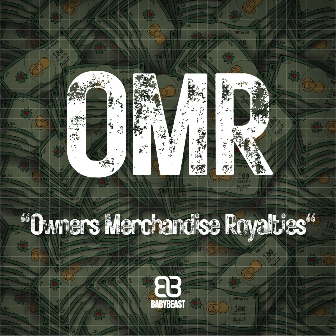 OMR 💵🤝💵 entitles BABYBEAST owners to profit sharing. Each product in the Merch Drop will be representative of an underlying NFT by way of the unique number or artwork design. Half of the profits from the merch sale will be accorded to the owner of that NFT. 💰