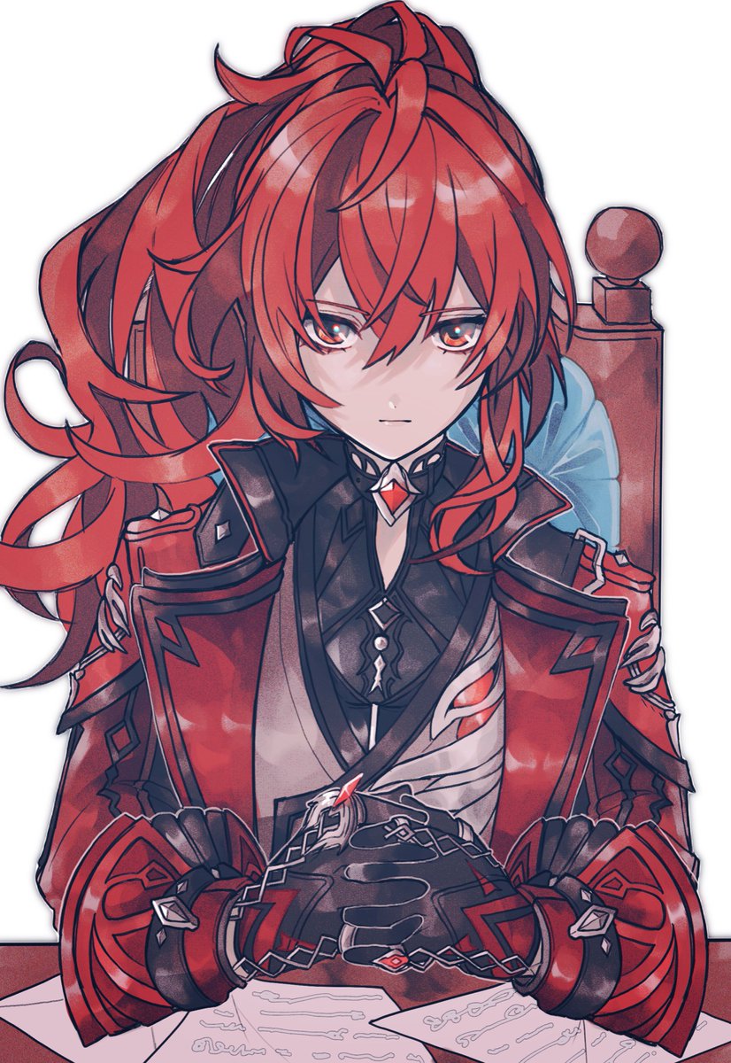 diluc (genshin impact) 1boy red hair male focus red eyes gloves long hair ponytail  illustration images