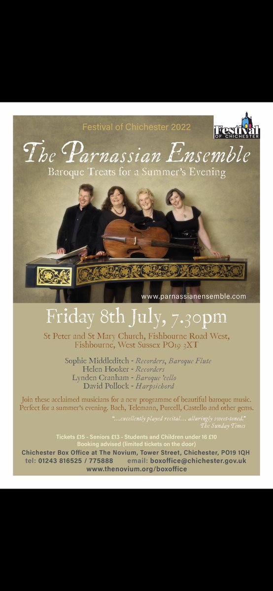 Parnassian Ensemble (@parnassians) on Twitter photo Looking forward to our recital in the <a href="/FestOfChi/">Festival Of Chichester</a> on 8th July. Tickets,available from the festival box office <a href="/TheNovium/">The Novium Museum</a> 01243 816525, are going very well.Hope to see you there! <a href="/Love_Chichester/">Love Chichester</a> <a href="/ChichesterLocal/">Chichesterpeople</a> <a href="/SRPrecorder/">SRP - Recorder</a> <a href="/chiharbour/">Chichester Harbour</a> <a href="/chichesterharbo/">Chichester Harbour Conservancy</a> <a href="/Chiobserver/">Chichester Observer</a> @chiunimusic Looking forward to our recital in the <a href="/FestOfChi/">Festival Of Chichester</a> on 8th July. Tickets,available from the festival box office <a href="/TheNovium/">The Novium Museum</a> 01243 816525, are going very well.Hope to see you there! <a href="/Love_Chichester/">Love Chichester</a> <a href="/ChichesterLocal/">Chichesterpeople</a> <a href="/SRPrecorder/">SRP - Recorder</a> <a href="/chiharbour/">Chichester Harbour</a> <a href="/chichesterharbo/">Chichester Harbour Conservancy</a> <a href="/Chiobserver/">Chichester Observer</a> @chiunimusic