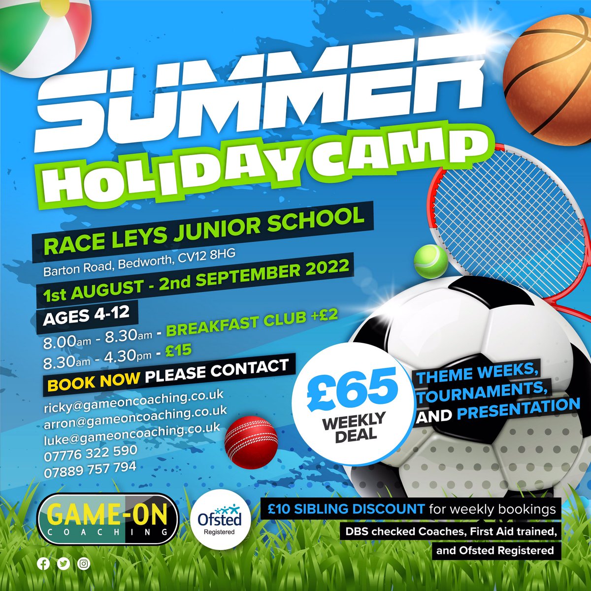 GameOn_Coaching's tweet image. ‼️ 3 summer camps are starting soon‼️ With a 2nd debut of our FOXFORD CAMP starting this year. We can’t wait! Book ur place now by contacting the camp leader ( info on pics) with name, age and dates you’d like.

#holidayclub #GameOn #coaching #Coventry #Warwickshire #rugby