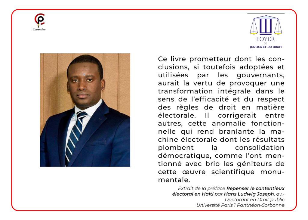 EAlcilien's tweet photo. Extrait de la préface «Repenser le contentieux électoral en Haïti» par Me Hans Joseph, Av.-
Doctorant en droit public 
Université Paris 1 Panthéon-Sorbonne. @samson_beucia @hansjosephl1 https://t.co/roRmLctcDe