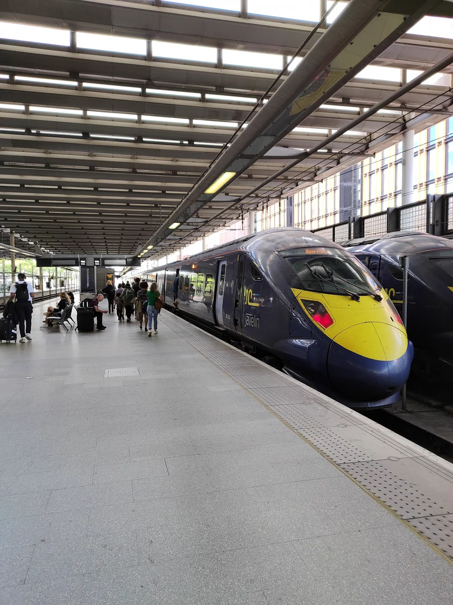 Platform 12 of London St. Pancras station with the high speed train to Dover Ferry awaiting departure.