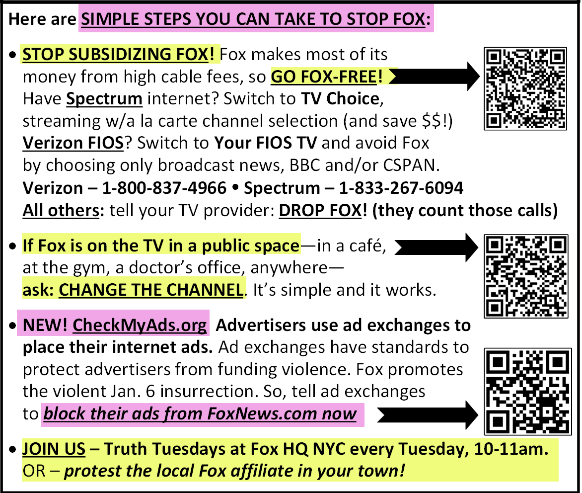 TruthOverFox's tweet photo. Here's the "HOW TO" section from our flyer. No more clutching pearls. Time to TAKE ACTION and STOP the GOP propaganda megaphone #FoxLies. @CheckMyAdsHQ @StopDisinfo24_7 @mmfa @riseandresistny @MAD_Democracy #StopMurdoch https://t.co/XBdNrKsM8S