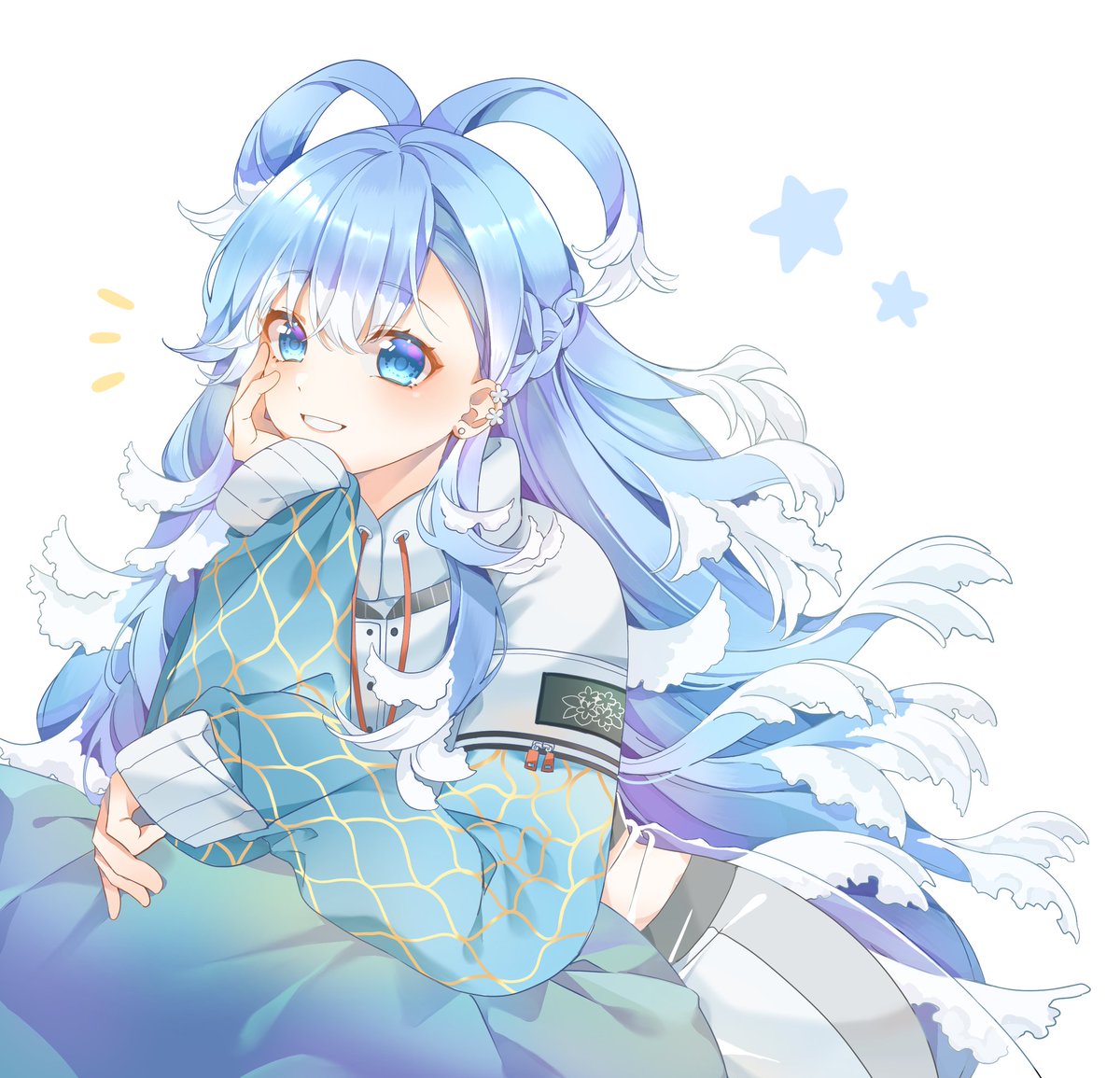 1girl long hair blue eyes blue hair white hair solo smile  illustration images