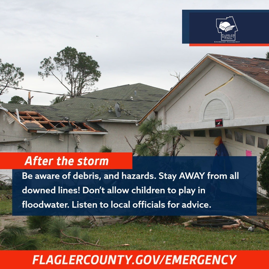After the impact of a severe storm or hurricane there are multiple hazards to be aware of. Many injuries and fatalities happen after the storm has passed. Get more preparedness info here: FlaglerCounty.gov/Emergency