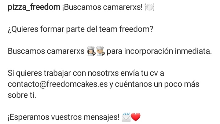 madrid_vegano's tweet photo. 📢 OFERTAS DE EMPLEO en #FreedomPizza y #FreedomCafe en #Madrid.

🌿 En las imágenes tienes la información.

#MadridVegano #restaurantevegano #vegansofspain #veganomadrid #ofertadetrabajo #ofertadeempleo #pizzavegana #pizza #cafevegano #sol #Chamberí https://t.co/1kaoOAmUPc
