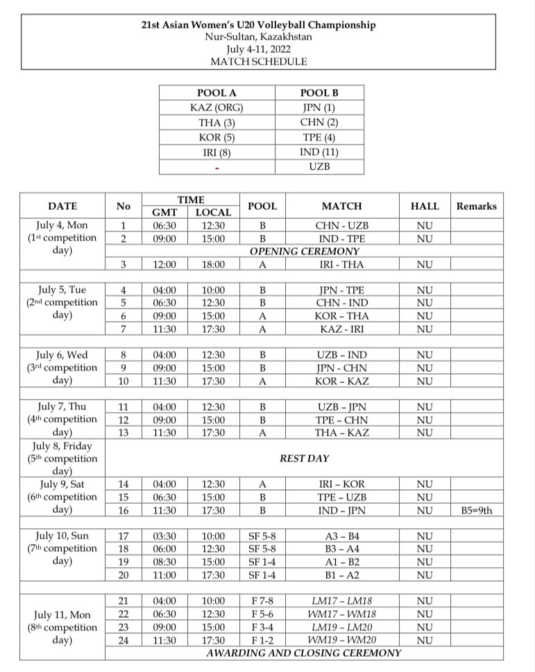 Asian Volleyball Confederation on Twitter "Match schedule of 21st