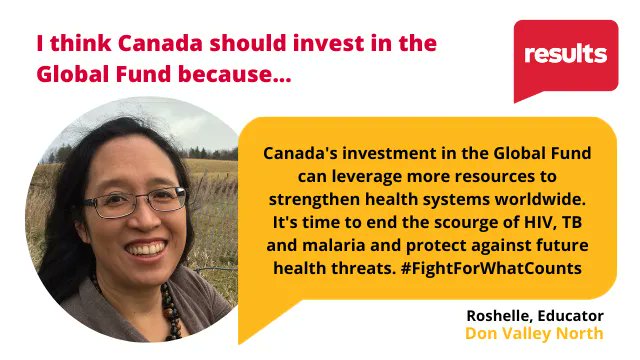 Hey <a href="/handongontario/">Han Dong</a>! Your constituent, <a href="/FilartRoshelle/">Roshelle Filart</a>, thinks Canada must commit its fair share to the <a href="/GlobalFund/">The Global Fund</a> to Fight HIV/AIDS, TB, &amp; malaria. We rely on leaders like you to  #FightForWhatCounts so people everywhere can access quality healthcare. #1Point2Billion