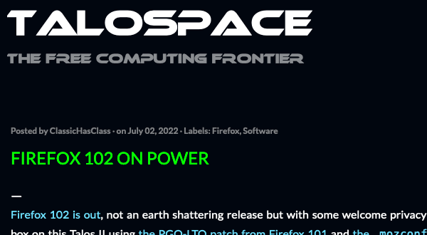 mpc7500v2's tweet photo. #Firefox102 on POWER
https://t.co/ife9sJZqTw
#OpenPOWER #POWER9 #PPC64le #PowerPC #Firefox #ExtendedSupportRelease #ESR #PGO #LTO #JavaScriptJIT https://t.co/kljTbKEdkC