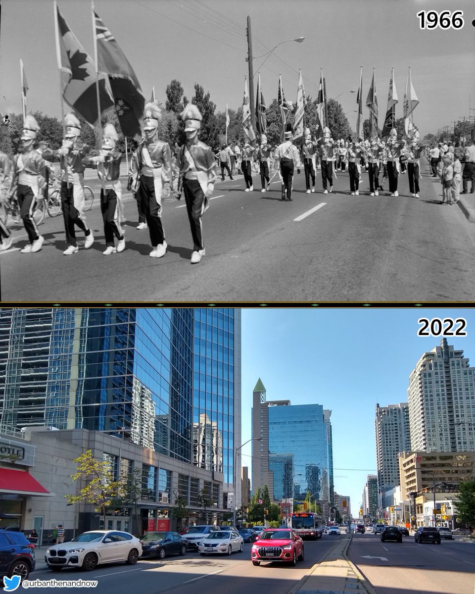 UrbanThenAndNow's tweet image. 5000 Yonge St, North York, #Toronto. Passing by the township offices, the Dominion Day Parade celebrates the formation of the Dominion of Canada nearly 100 years after confederation. It was celebrated from 1879 till 1982, when it was superseded by #CanadaDay. #TorontoHistory